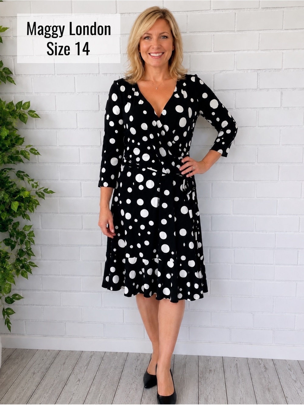 Maggy London Black & White Polka Dot wrap Long Sleeve Cottagecore midi Dress/14